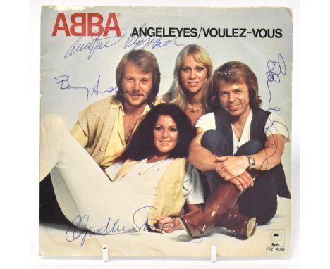 ABBA; a 45rpm single 'Voulez-Vous/Angel Eyes' bearing signatures for the four members of the group to the sleeve.We have not 