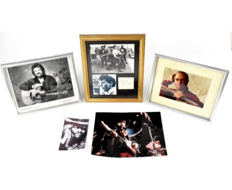 Three framed music signatures comprising guitarist John Williams, another with a signed piece of paper for Gene Vincent with 