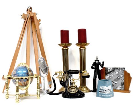 A small collectors' lot comprising a small gemstone globe on brass-effect gimbal base, a pair of cricket-style candlesticks, 