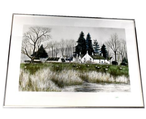 JEREMY KING; a limited edition signed print, country scenic view with flowing river and bulrushes in the foreground and white