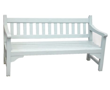 A light blue painted wooden garden bench, 78 x 151 x 67cm. CONDITION REPORT There are areas where the paint has chipped but i