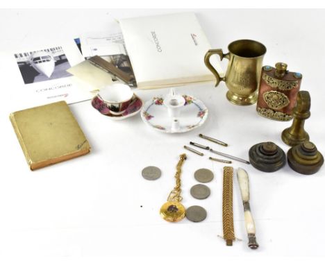 Various mixed collectibles to include a Concorde ephemera pack, a tourist African walking stick, various brass weights, Germa