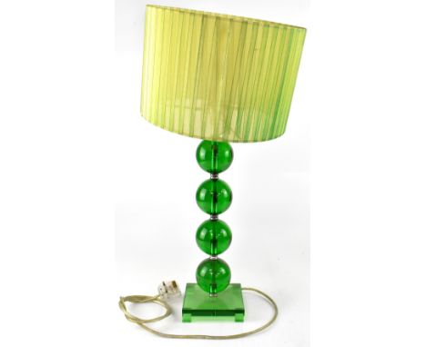 A retro-style table lamp, green Perspex column to square base with pleated silk-effect shade, height 42cm.