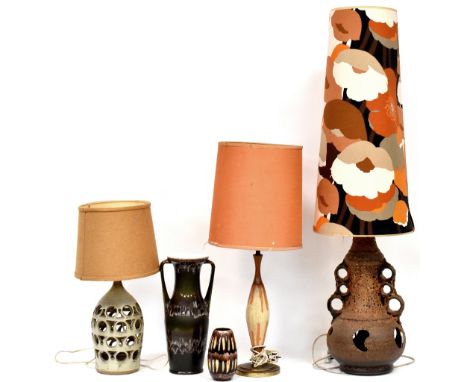 Various 1970s vintage collectibles to include three pottery lamps with cut-out and lava effect, one with funnel-type original