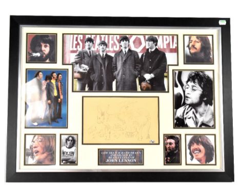 JOHN LENNON; a framed montage of nine photographs of The Beatles star, centred with a sketch titled 'The Cow Moo' and signed 