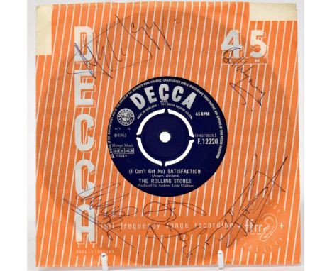 THE ROLLING STONES; 45rpm single '(I Can't Get No) Satisfaction/The Spider and the Fly', with five signatures of the band mem