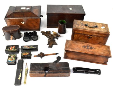 A group of 19th century and later treen boxes to include a mahogany sarcophagus sewing/jewellery box, a walnut rectangular bo