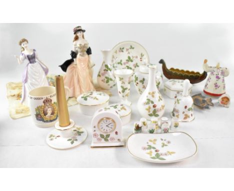 A quantity of mainly Wedgwood 'Wild Strawberry' pattern ceramics to include octagonal pot, small mantel clock, baluster vase,
