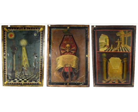 MASONIC INTEREST; three 19th century oils on canvas, various Masonic symbols and themes, 75.5 x 50cm, framed (af) (3). CONDIT