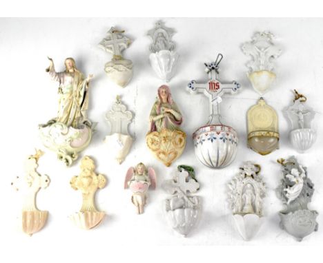A group of late 19th and early 20th century Roman Catholic church stoups for containing Holy Water, to include Continental bi