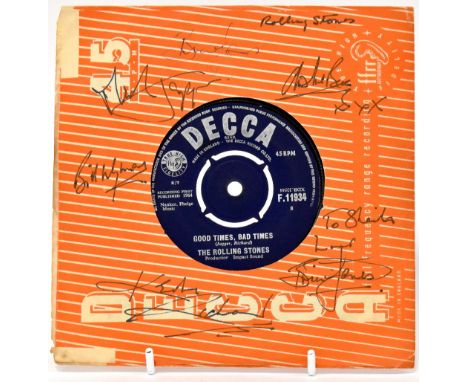 THE ROLLING STONES; a 45rpm 'It's All Over Now/Good Times, Bad Times' bearing multiple signatures both front and back, includ