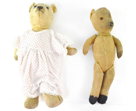 Two vintage bears, an early 20th century straw-filled bear with long snout, length 44cm, and a circa 1950s teddy bear with vi