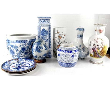 A quantity of mainly Oriental ware to include a cylindrical vase white ground with hand painted decoration of chrysanthemums 