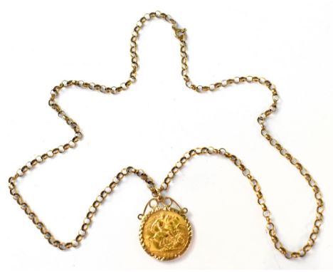 A George V 1913 half gold sovereign in necklace coin mount suspended on a 9ct gold rolo link necklace, length 48cm, approx 9.