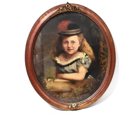 19TH CENTURY ENGLISH SCHOOL; oil on canvas, a half-length portrait of a girl leaning on a windowsill, dressed in a feathered 