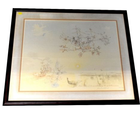 ROWLAND EMETT (1906-1990); a pencil signed limited edition print depicting a flying contraption and a steam train at sunrise,