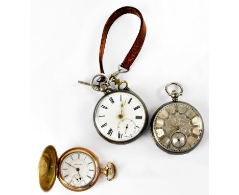 A hallmarked silver open face pocket watch, set with Roman numerals on an engine turned face, with secondary dial, together w