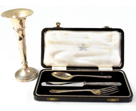 A cased Boodle &amp; Dunthorne hallmarked silver Christening set of knife, fork and spoon, the knife with EPNS blade and a ha