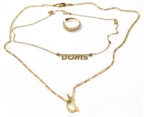 Two 9ct gold thin link necklaces, one with attached name 'Doris' the other a figaro link chain and lobster claw clasp with a 