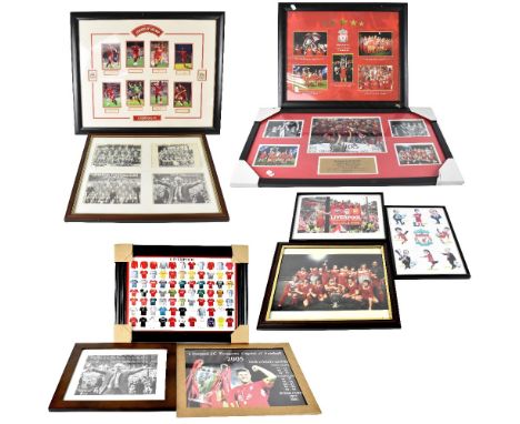 LIVERPOOL FOOTBALL CLUB; a collection of ten framed and glazed photographs and prints of the Liverpool FC team depicting vari