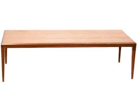 G-Plan; a large 1960s retro teak coffee table with canted edge and square tapering supports, 45 x 150 x 60cm. CONDITION REPOR