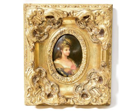 M PAUL; oil on curved panel, a portrait of an elegant Victorian lady, in heavily embossed ornate gilt wood frame, signed lowe
