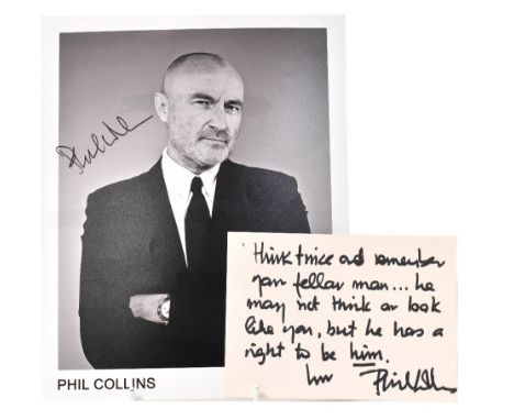 PHIL COLLINS; a black and white photograph bearing the signature of the star, together with a further slip of paper bearing h