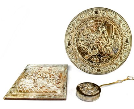 A large collection of antique and vintage brass and copper ware to include a metal clad wooden framed stool/log box, a brass 