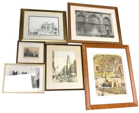 AFTER E SHARLAND; a set of three architectural engravings, 'St Peter's Hospital'. 'Flint Street', and one other, an aerial vi