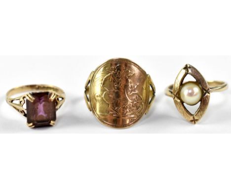 Three 9ct gold rings comprising a ring set with central seed pearl in an open work oval surround, a ring set with purple ston