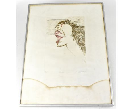 DAVID OXTOBY (b 1938); a limited-edition print 'Jaggin', an image of Mick Jagger of the Rolling Stones singing, signed in pen