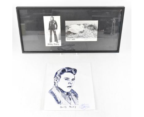 BILLY FURY; a signed portrait card and Mute Swan card, the portrait card signed Billy Fury across the middle, the Mute Swan c