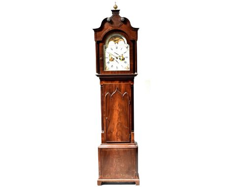 Butler of Bolton; a 19th century mahogany eight-day longcase clock, the painted dial with rolling moon phase, Roman and Arabi