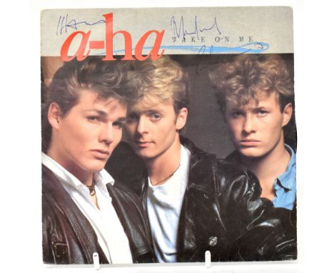 A-HA; 'Take on Me', the single bearing the signatures of the three members of the band to the sleeve.We have not authenticate
