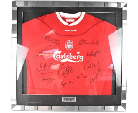 LIVERPOOL FOOTBALL CLUB; a signed Liverpool FC home shirt signed by; Gerrard, Kewell, Hyypiä, Redknapp, Keegan, Rush, Barnes,