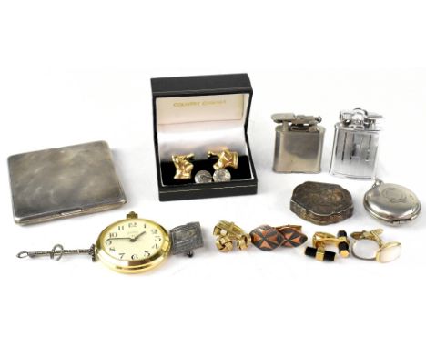 Various mixed items of mainly gentlemen's items to include, gold plated open pocket watch, hallmarked silver cigarette box, a