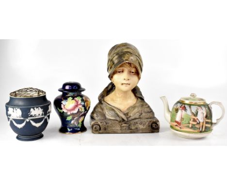 Various items of collectible pottery to include an early 20th century painted plaster bust depicting a young girl land worker