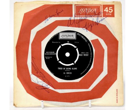 AL GREEN; a 45rpm single 'Tired of Being Alone/Right Now Right Now', bearing signature of Al Green and two others to the slee