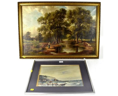 INDISTINCTLY SIGNED; a 19th century oil on canvas titled 'In the Old Rectory Grounds Hanforth', depicting a gardener tending 