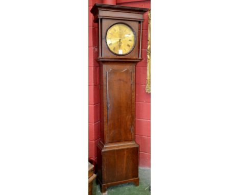 A George III oak longcase clock,  13.5cm circular engraved brass dial, Roman chapter, subsidiary minute and date aperture,  s