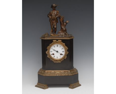A 19th century French gilt metal and belge noir figural mantel clock, 7.5cm circular enamel dial inscribed with Roman numeral