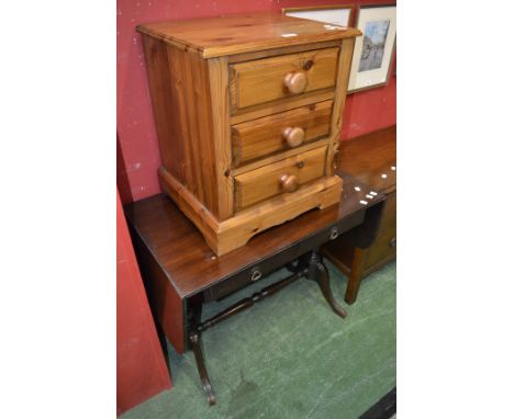 A reproduction mahogany sofa table by Strongbow furniture and a modern pine bedside cabinet