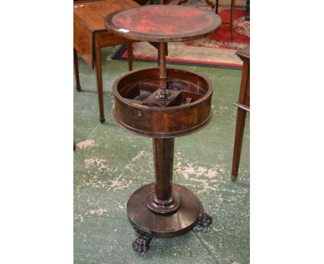 An unusual William IV metamorphic combination teapoy and centre table, rising top with inset tooled and gilt leather surface 