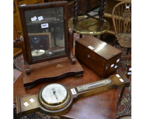 A William IV rosewood and marquetry  tea caddy with bun feet; Victorian small mahogany toilet mirror; a 20th century oak whee