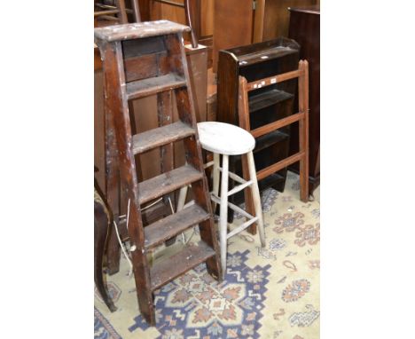 A 20th century step ladder; oak bookcase; pine clothes drier; pine stool