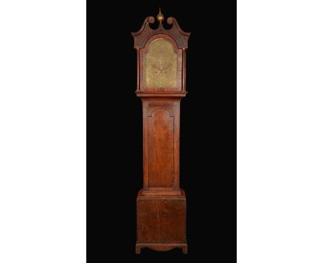 A George III oak and mahogany inlaid long case clock, arched brass dial engraved with swan in a cartouche, Roman and Arabic c