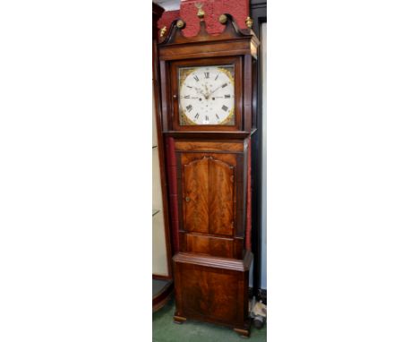 A William IV flame mahogany long case clock, square 34cm painted dial with roses in the spandrels, Roman chapter, Arabic minu