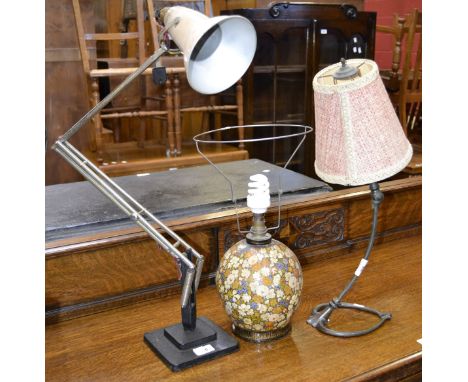 Lighting - An anglepoise lamp;  an art nouveau cast metal table lamp;  another papier mache decorated with flowers