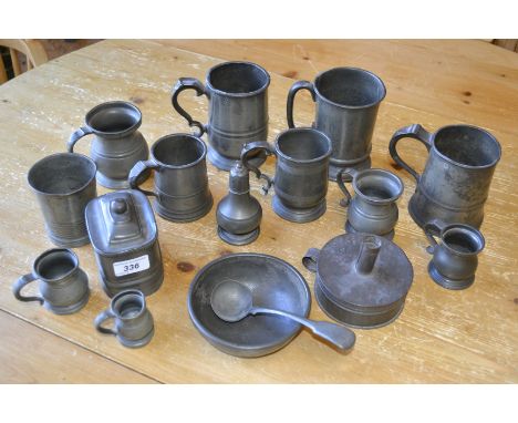 A Victorian pewter 1/2 pint measure, St Giles Gate Stores; others, pint, gill etc.