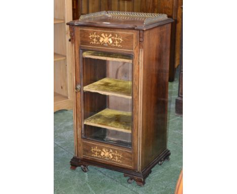 A Sheraton revival rosewood side cabinet, three quarter pierced gilt metal gallery, serpentine fronted top, inlaid with flora